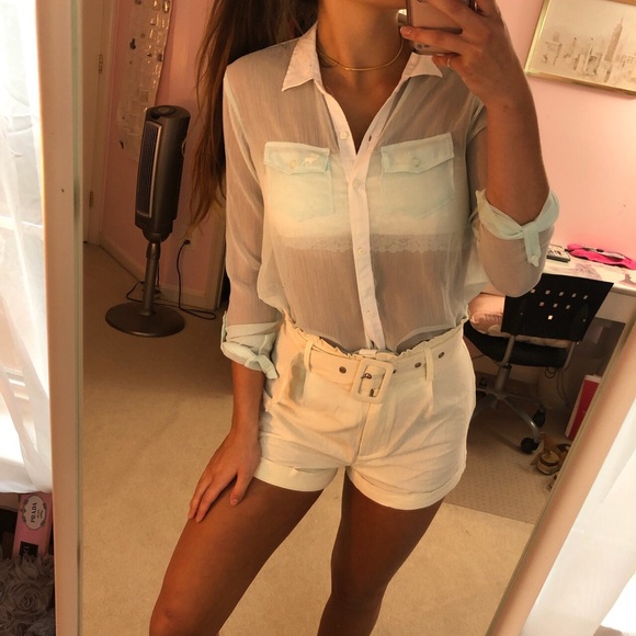 Mint Green Sheer Button Up Collared Shirt - Picture 1 of 4